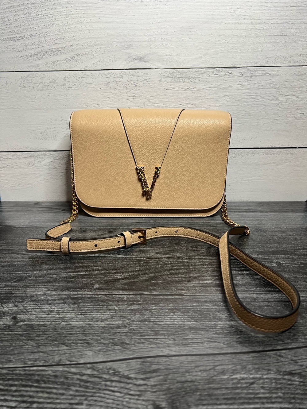 Versace Virtus Beige Crossbody Bag with Gold Chain with COA